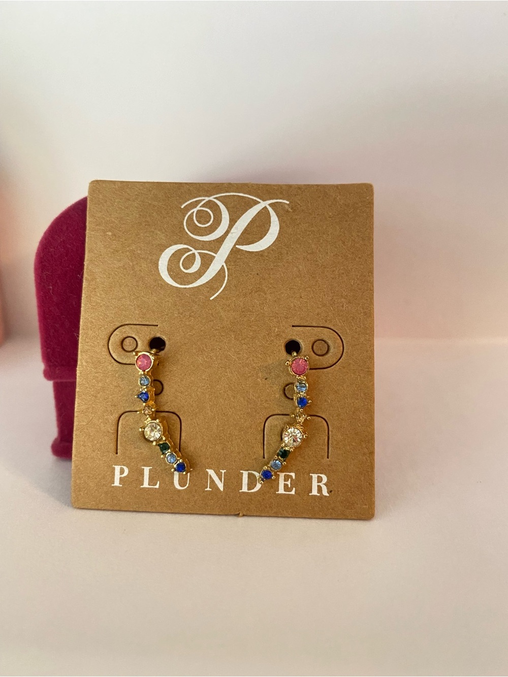 Plunder Gold-Tone Crystal Climbing Earrings in Pink, Blue & Clear